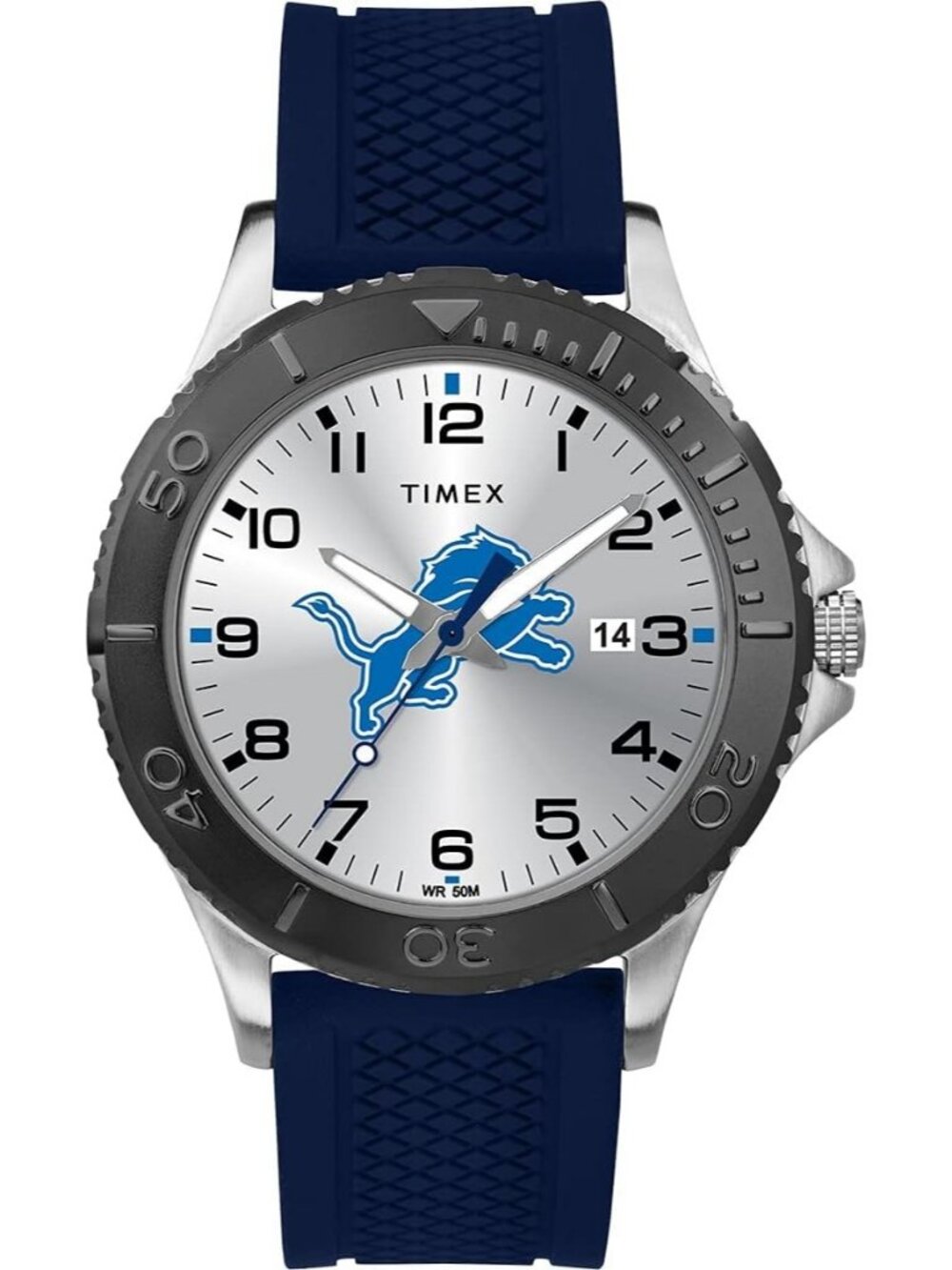 Mens Silver Blue Rubber Band Analog NFL Gamer Detroit Lions Luminant Round Watch